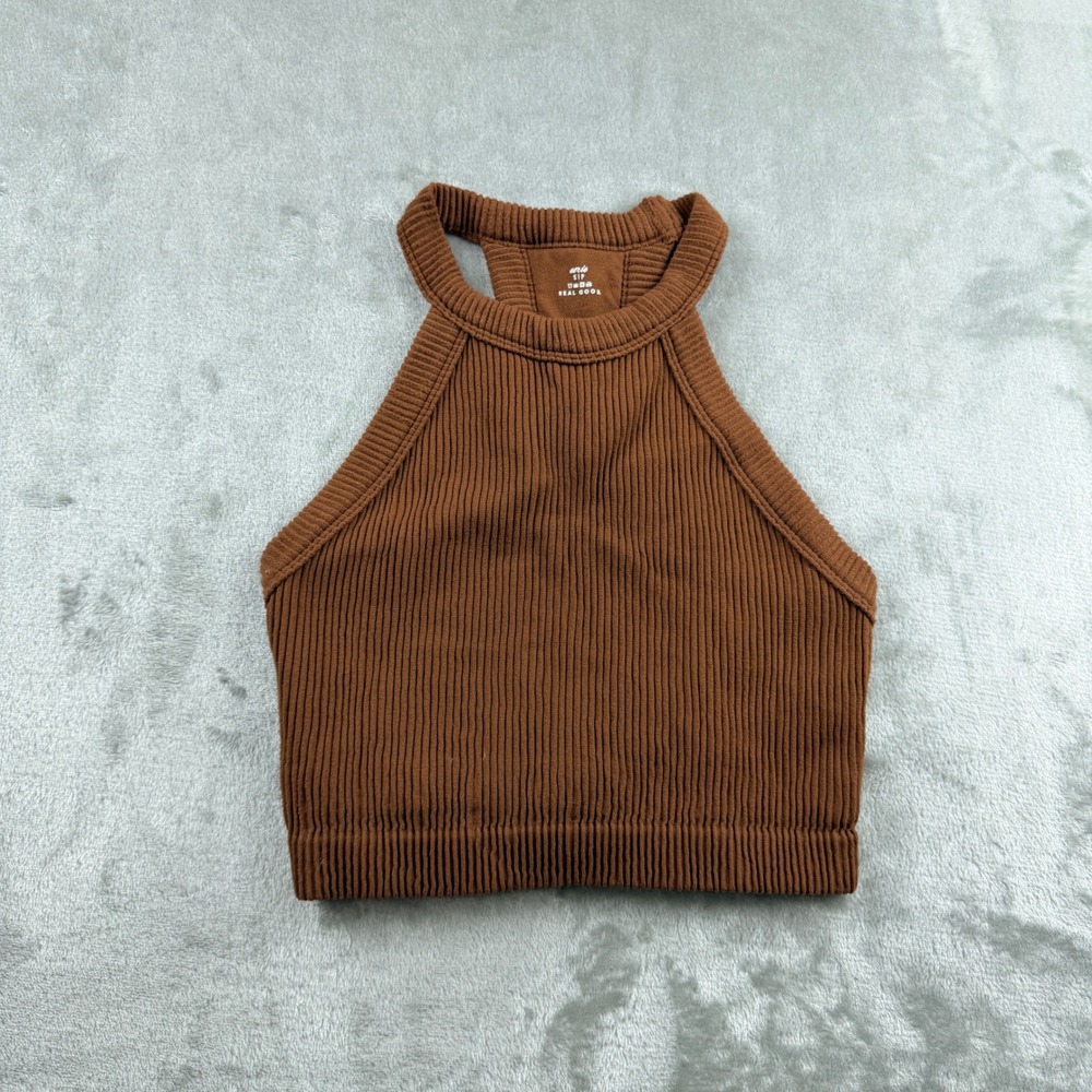Aerie Real Good Women's Small Ribbed High Neck Halter Crop Top Brown